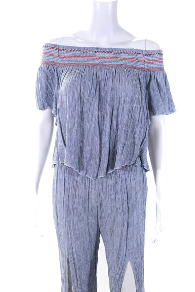 Elan Womens Ribbed Textured Embroidered Stripe Blouse Pants Set Blue Size L