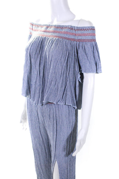 Elan Womens Ribbed Textured Embroidered Stripe Blouse Pants Set Blue Size L