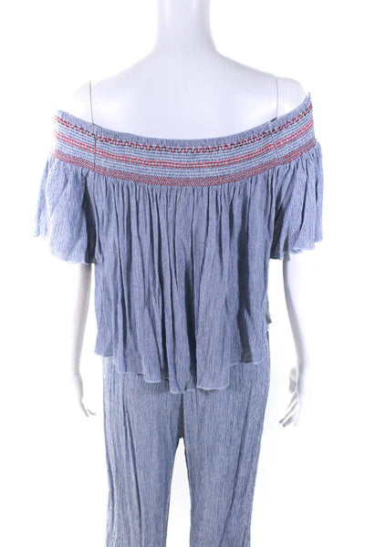 Elan Womens Ribbed Textured Embroidered Stripe Blouse Pants Set Blue Size L