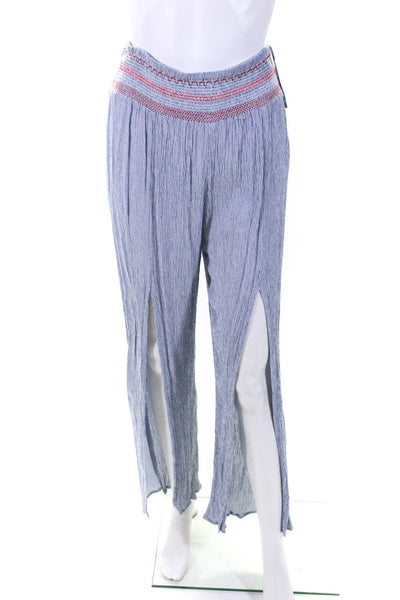 Elan Womens Ribbed Textured Embroidered Stripe Blouse Pants Set Blue Size L