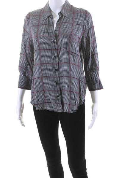 L'Agence Womens Houndstooth Plaid Long Sleeve Button Down Blouse Black Size S