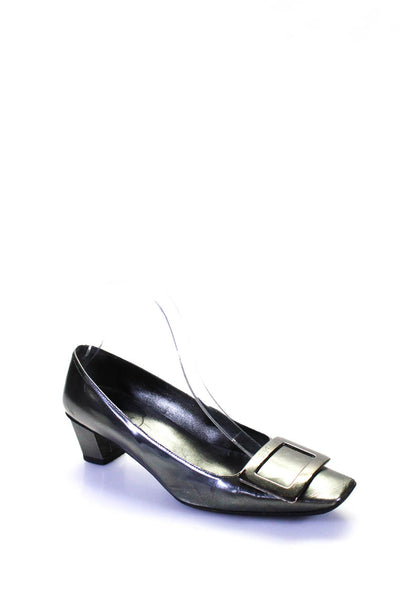 Roger Vivier Womens Patent Leather Metal Square Toe Kitten Heels Gray Size 7.5
