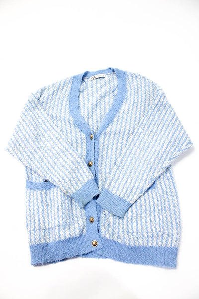 Zara Womens Blue White Striped Fuzzy Cardigan Sweater Top Size XS/S Lot 3