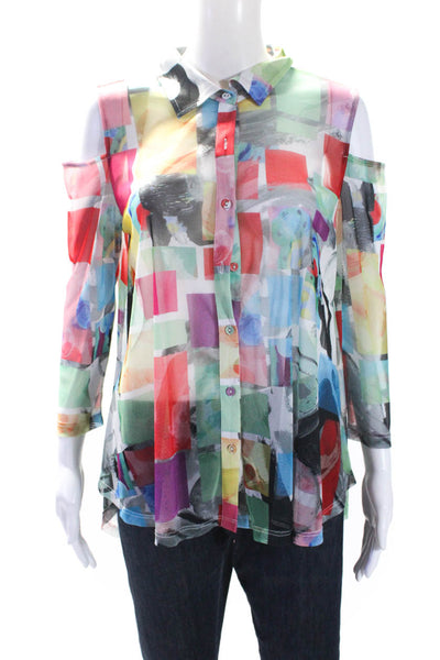 Ritchie Silver Womens Abstract Print Sheer Buttoned Blouse Multicolor Size L