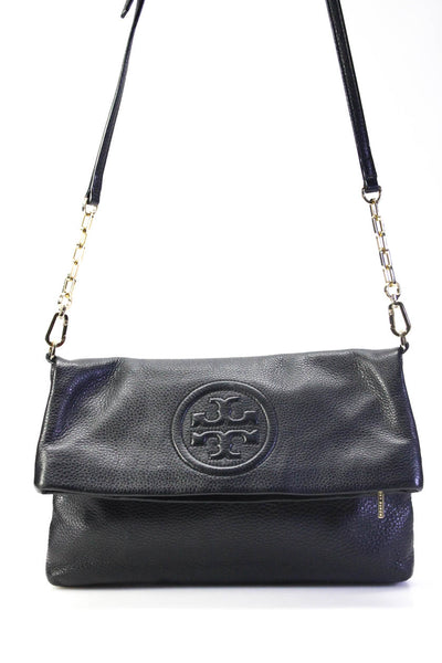 Tory Burch Womens Leather Embossed Magnetic Zipped Crossbody Handbag Black