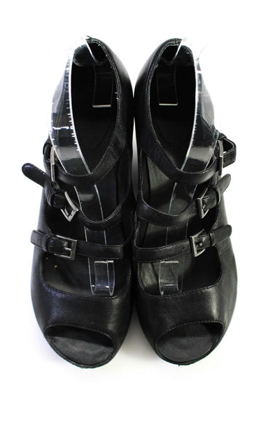 Johnston & Murphy Womens Black Leather Strappy Wedge Heels Shoes Size 10M