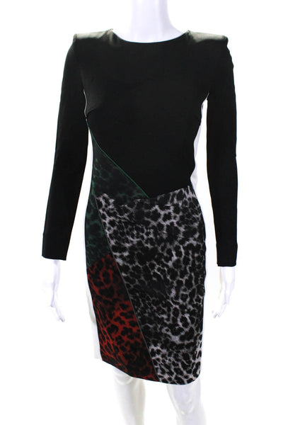 Roland Mouret Womens Pleated Animal Print Long Sleeve Zip Up Dress Black Size 2