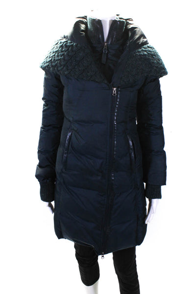 Mackage Womens Leather Trim Long Sleeve Zip Up Longline Puffer Coat Blue Size XS