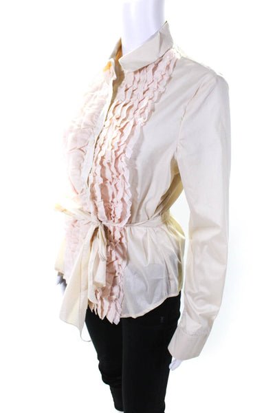 Mona Lisa Chic Womens Cotton Ruffle Detail Button Up Blouse Top Beige Size L