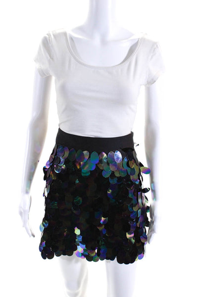 Milly Womens Sequined Color Shift Zippered Mini Skirt Black Purple Green Size M