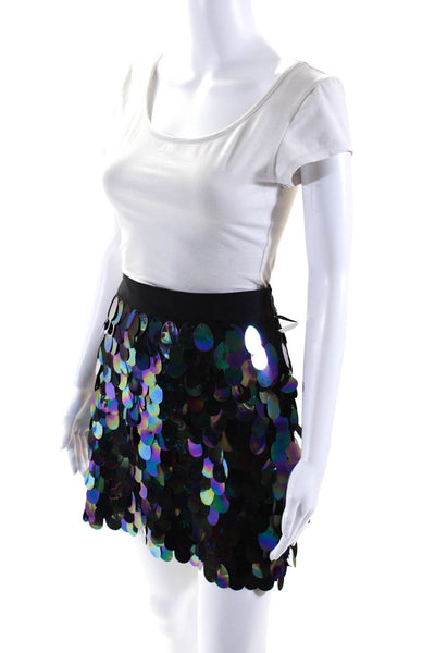 Milly Womens Sequined Color Shift Zippered Mini Skirt Black Purple Green Size M
