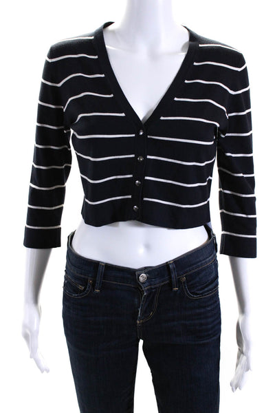Theory Womens Button Front 3/4 Sleeve Striped Cardigan Sweater Navy White Medium