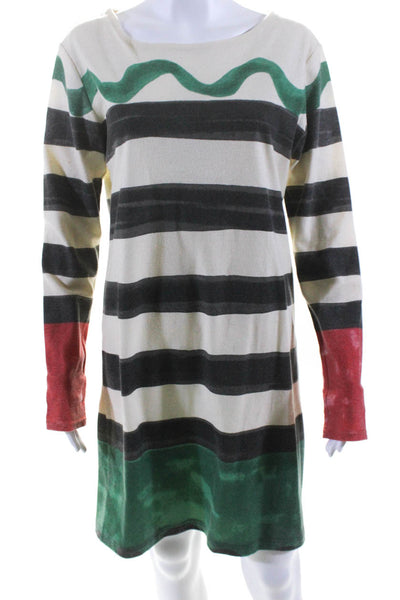 Tsumori Chisato Womens Striped Long Sleeved Shift Dress Beige Gray Green Size 3