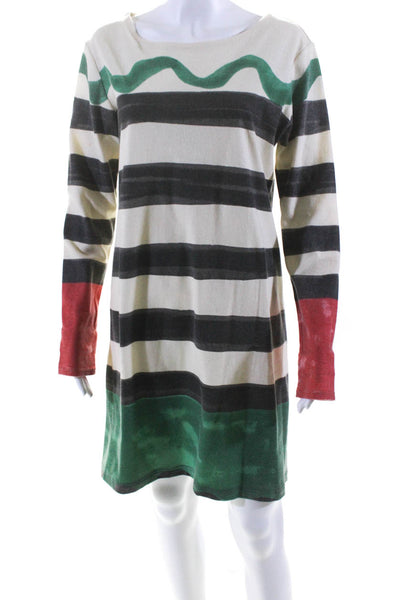 Tsumori Chisato Womens Striped Long Sleeved Shift Dress Beige Gray Green Size 3