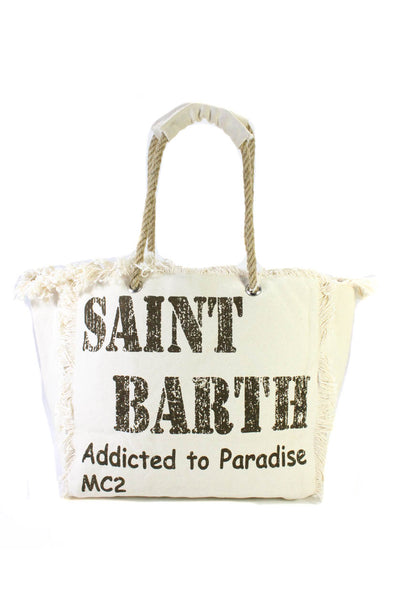 MC2 Saint Barth Womens Beige Canvas Graphic Print Fringe Shoulder Tote Handbag