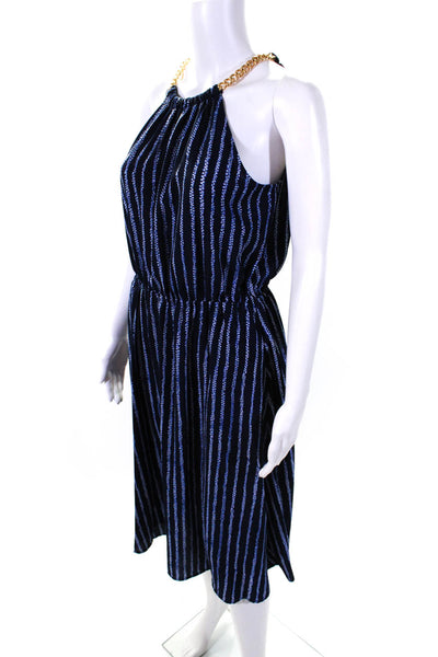 Michael Michael Kors Womens Stretch Striped Chain Strap Midi Dress Navy Size S