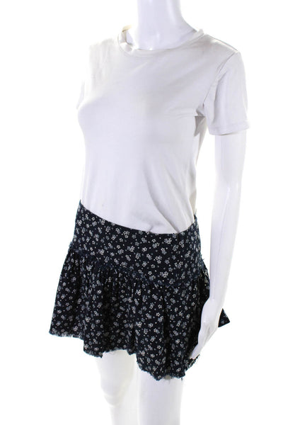 L'Agence Womens Cotton Floral Print Raw Trim Ruffle Skirt Blue Size 4