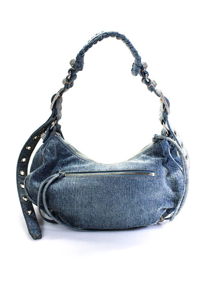 Balenciaga Cotton Denim Jeweled Accent Le Cagole Small Shoulder Handbag Blue