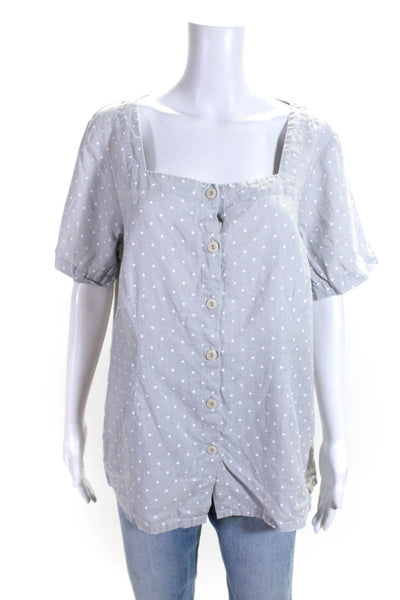 Flax Womens Linen Polka Dot Short Sleeve Button Up Blouse Top Blue Size M
