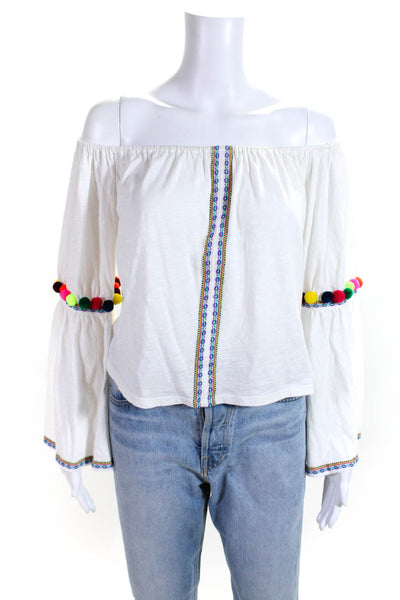 Pitusa Womens Pom Pom Long Flare Sleeves Blouse White Cotton Size One Size