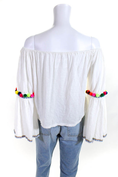 Pitusa Womens Pom Pom Long Flare Sleeves Blouse White Cotton Size One Size