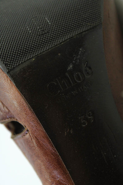 Chloe Womens Block Heel Mary Jane Peep Toe Pumps Brown Leather Size 39