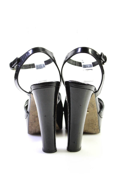 Sergio Rossi Womens Block Heel Platform Ankle Strap Sandal Black Patent Size 39