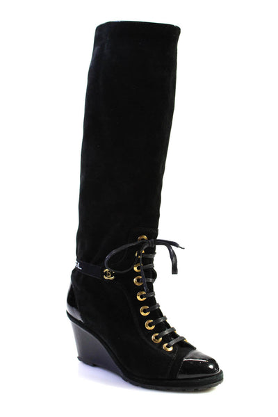 Chanel Womens Suede Round Toe Pull On Wedge Knee High Boots Black Size 40 10