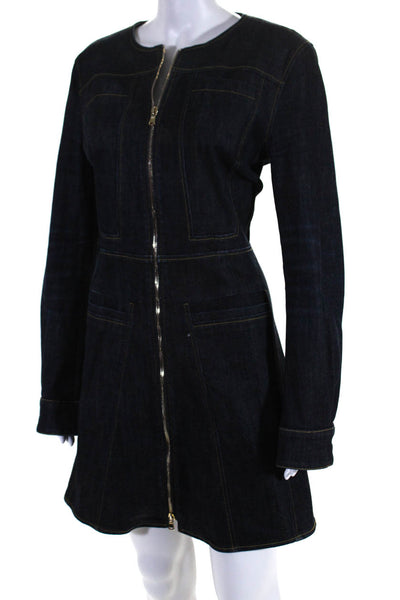 Derek Lam Womens Blue Dark Wash Zip Crew Neck Long Sleeve Denim Dress Size 12