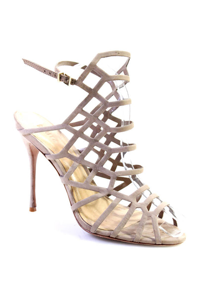 Schutz Womens Strappy Caged Stiletto Sandals Taupe Nubuck Leather Size 10