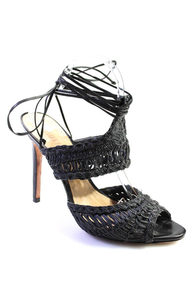 Schutz Womens Mula Woven Leather Lace Up Stiletto Sandals Black Size 10