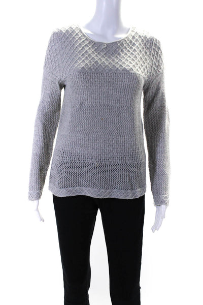 Designer Womens Crew Neck Pointelle Long Sleeve Pullover Sweater Gray Medium
