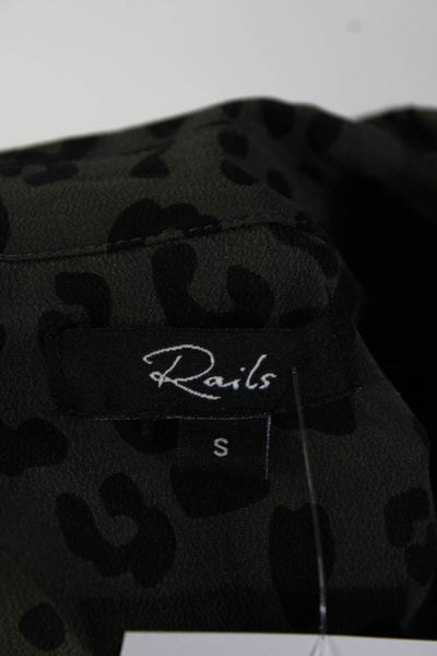 Rails Womens Leopard Print Long Sleeve Button Up Shirt Blouse Green Silk Small