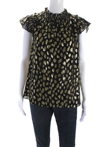 Rebecca Taylor Womens Metallic Spotted Short Sleeve Blouse Top Black Size L