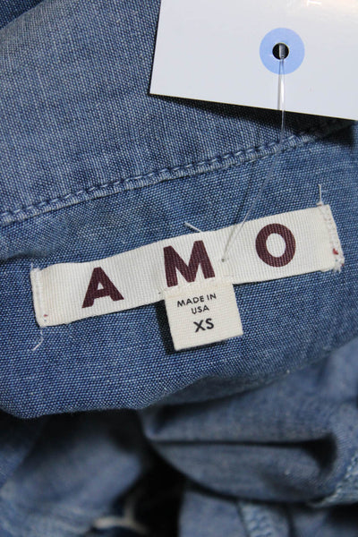 Amo Womens Skip Long Sleeve Button Up Collared Denim Romper Blue Size XS