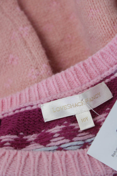 Love Shack Fancy Childrens Girls Fair Isle Crew Neck Sweater Pink Cotton Size 10
