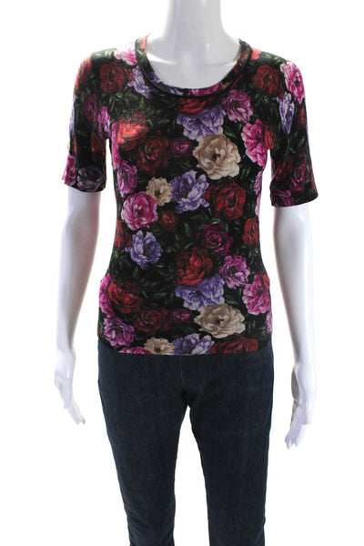 Escada Womens Short Sleeve Crew Neck Floral Knit Shirt Black Multi Wool Size XS