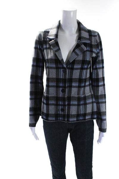 Tahari Womens Two Button Notched Lapel Knit Plaid Jacket Gray Blue Size Small