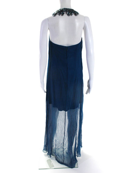 Aidan Mattox Womens Open Back Embellished Halter Chiffon High Low Dress Blue 2