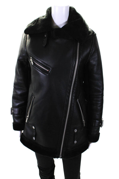 Avec Les Filles Womens Faux Leather Full Zip Mid-Length Biker Coat Black Size XS