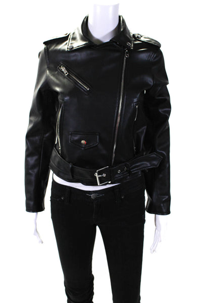Zara Womens Faux Leather Long Sleeve Full Zip Crop Biker Jacket Black Size S