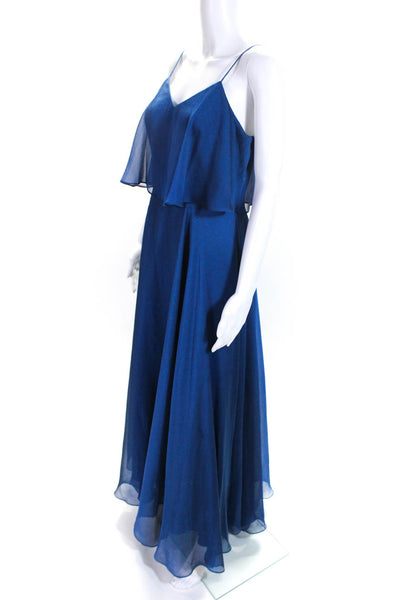 Halston Heritage Womens Spaghetti Strap V Neck Flowy Maxi Dress Blue Size 4