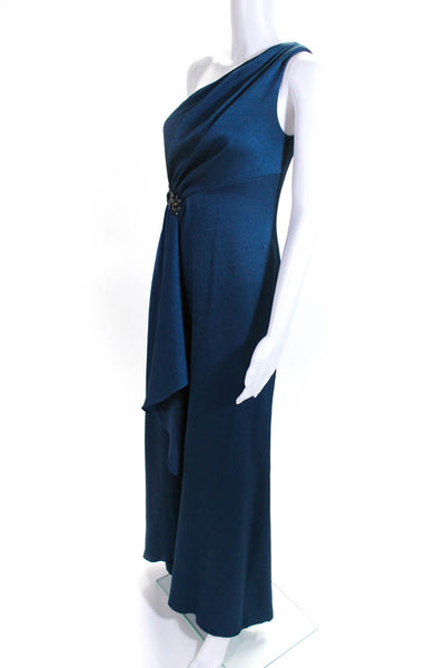 David Meister Womens One Shoulder Beaded Motif Drape Gown Blue Size 2