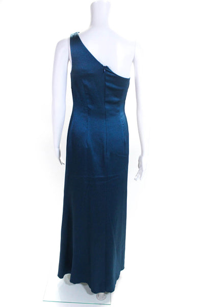 David Meister Womens One Shoulder Beaded Motif Drape Gown Blue Size 2