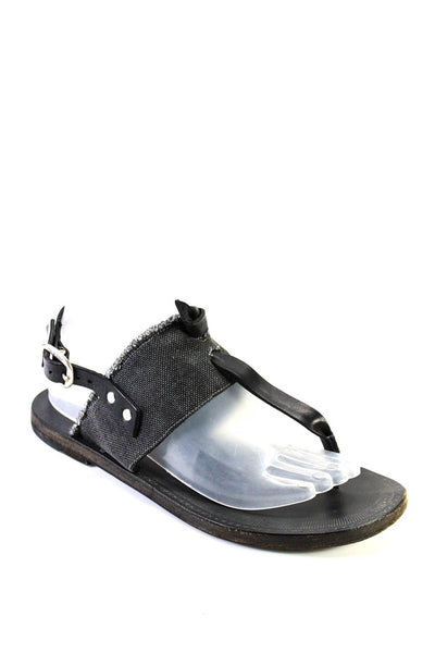 Rag & Bone Womens Black Leather Canvas T-Strap Flat Sandals Shoes Size 7