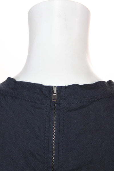 Theory Womens Navy Blue Linen Crew Neck Zip Back Short Sleeve Blouse Top Size S