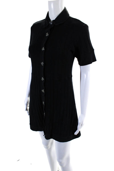 FP Beach Womens Black Ribbed Collar Short Sleeve Fit & Flare Dress Size M