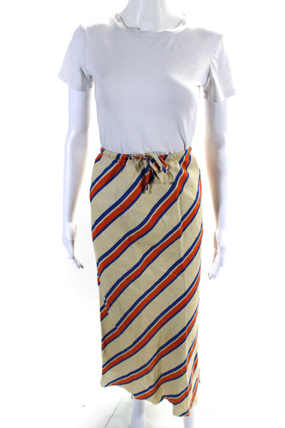 Venroy Women's Drawstring Waist Flare Maxi Skirt Beige Stripe Size M