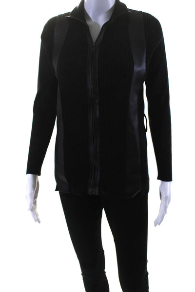 Wendy B Womens Ribbed Knit Faux Leather Trim Zip Sweater Jacket Black Size Small