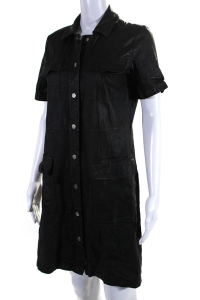 Set Womens Leather Short Sleeve Collared Button Up Mini Shirt Dress Black Size 6